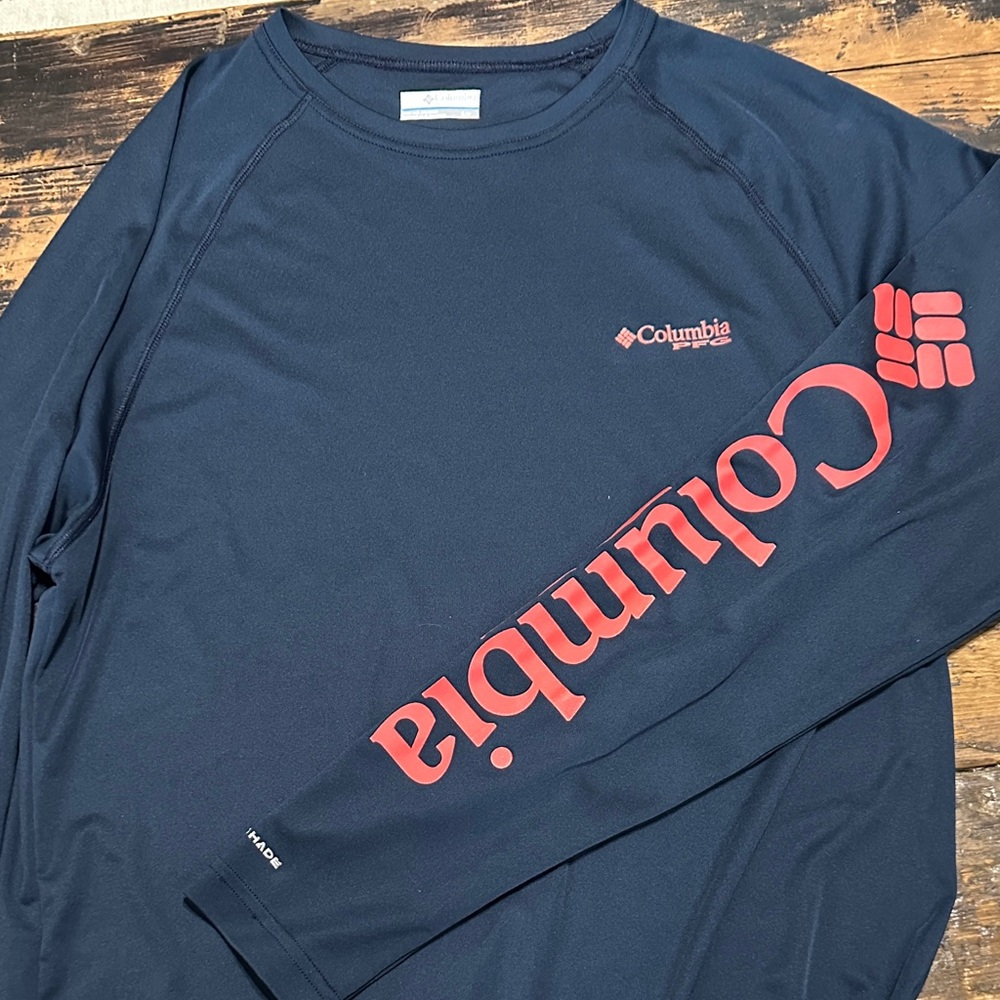 Columbia Navy Long Sleeve Tee with Coral Sleeve Logo